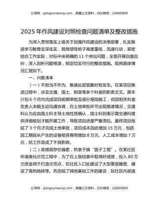 2025年作风建设对照检查问题清单及整改措施