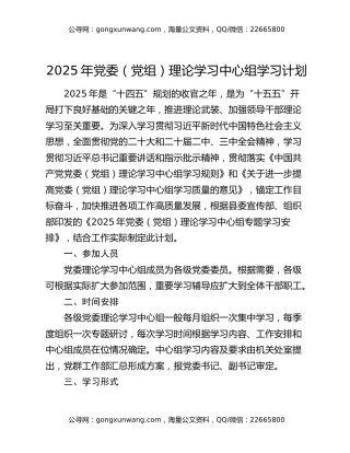 2025年党委（党组）理论学习中心组学习计划