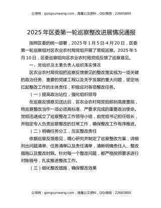2025年区委第一轮巡察整改进展情况通报