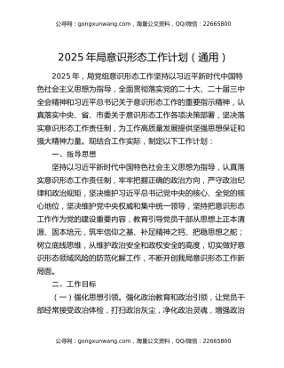 2025年局意识形态工作计划（通用）