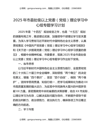 2025年市县处级以上党委（党组）理论学习中心组专题学习计划