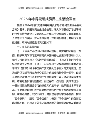 2025年市局党组成员民主生活会发言