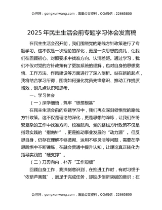 2025年民主生活会前专题学习体会发言稿
