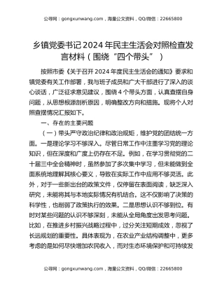 乡镇党委书记2024年民主生活会对照检查发言材料（围绕“四个带头”）