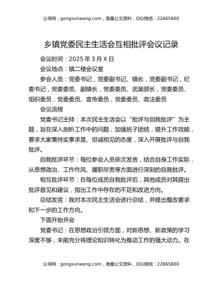 乡镇党委民主生活会互相批评会议记录
