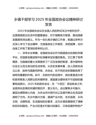 乡镇干部学习2025年全国政协会议精神研讨发言