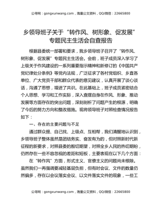 乡领导班子关于“转作风、树形象、促发展”专题民主生活会自查报告