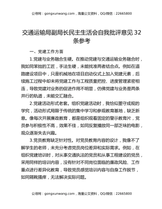 交通运输局副局长民主生活会自我批评意见32条参考