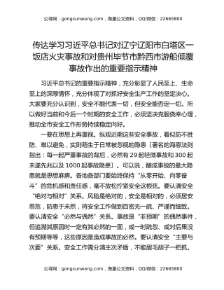 传达学习习近平总书记对辽宁辽阳市白塔区一饭店火灾事故和对贵州毕节市黔西市游船倾覆事故作出的重要指示精神