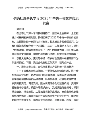 供销社理事长学习2025年中央一号文件交流发言
