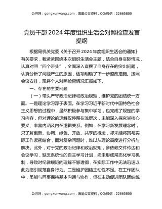 党员干部2024年度组织生活会对照检查发言提纲