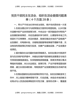 党员干部民主生活会、组织生活会查摆问题清单（4个方面28条）