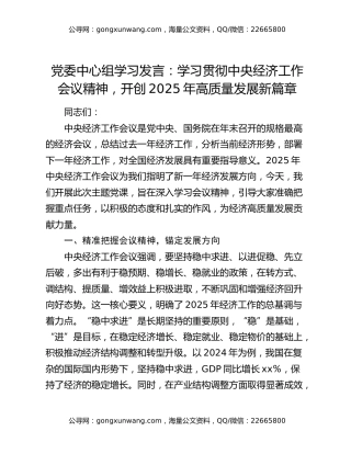 党委中心组学习发言：学习贯彻中央经济工作会议精神，开创2025年高质量发展新篇章