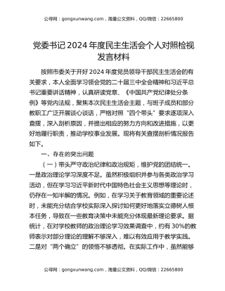 党委书记2024年度民主生活会个人对照检视发言材料