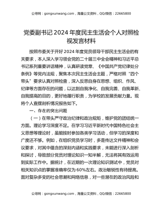 党委副书记2024年度民主生活会个人对照检视发言材料
