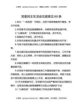 党委民主生活会互提意见60条