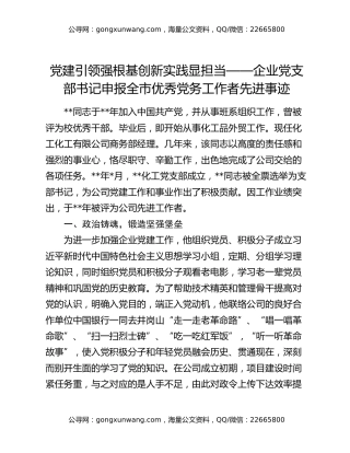 党建引领强根基创新实践显担当——企业党支部书记申报全市优秀党务工作者先进事迹