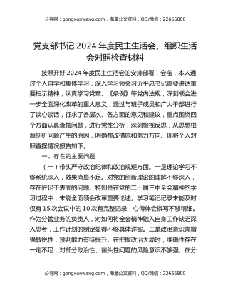 党支部书记2024年度民主生活会、组织生活会对照检查材料