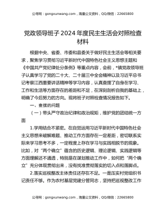 党政领导班子2024年度民主生活会对照检查材料