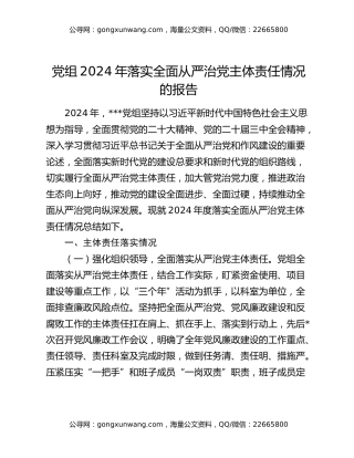 党组2024年落实全面从严治党主体责任情况的报告