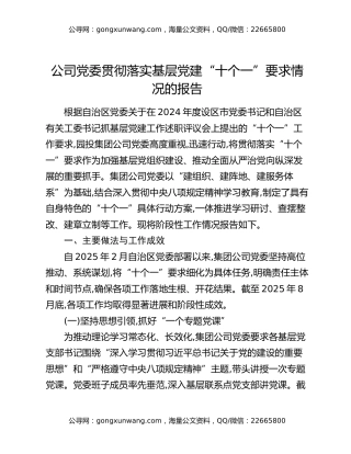 公司党委贯彻落实基层党建“十个一”要求情况的报告