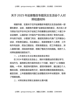 关于2025年巡察整改专题民主生活会个人对照检查材料