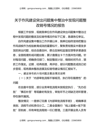 关于作风建设突出问题集中整治中发现问题整改销号情况的报告