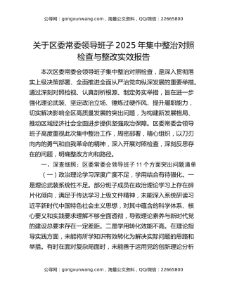 关于区委常委领导班子2025年集中整治对照检查与整改实效报告