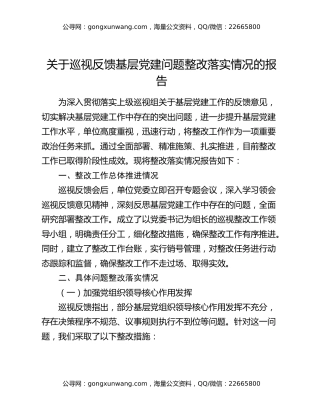 关于巡视反馈基层党建问题整改落实情况的报告