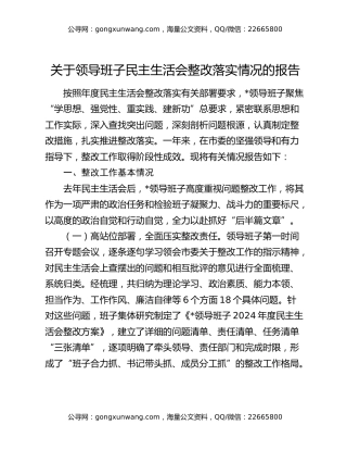 关于领导班子民主生活会整改落实情况的报告