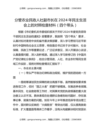 分管农业民政人社副市长在2024年民主生活会上的对照检查材料（四个带头）