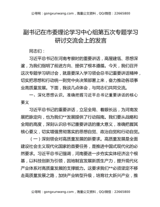 副书记在市委理论学习中心组第五次专题学习研讨交流会上的发言