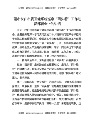 副市长在市委卫健系统巡察“回头看”工作动员部署会上的讲话