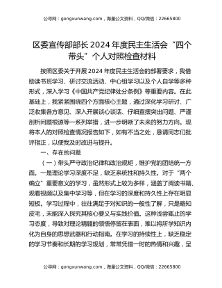 区委宣传部部长2024年度民主生活会“四个带头”个人对照检查材料