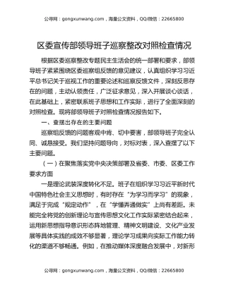 区委宣传部领导班子巡察整改对照检查情况