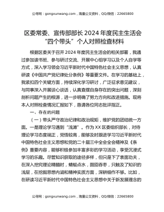 区委常委、宣传部部长2024年度民主生活会“四个带头”个人对照检查材料