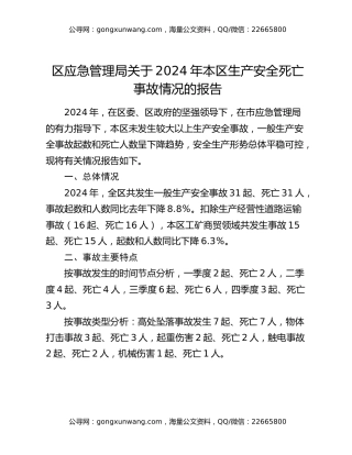 区应急管理局关于2024年本区生产安全死亡事故情况的报告