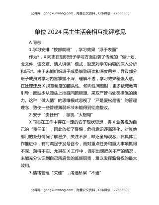 单位2024民主生活会相互批评意见
