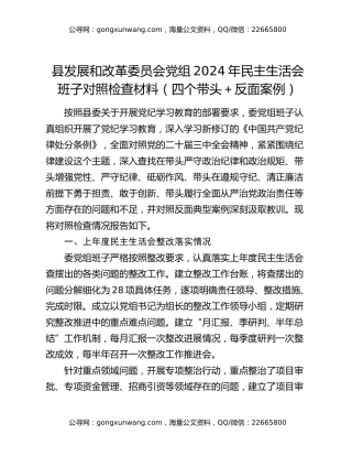 县发展和改革委员会党组2024年民主生活会班子对照检查材料（四个带头＋反面案例）
