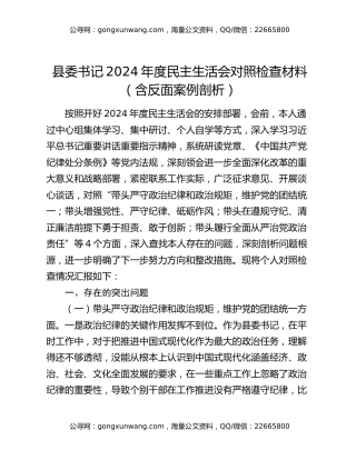 县委书记2024年度民主生活会对照检查材料（含反面案例剖析）