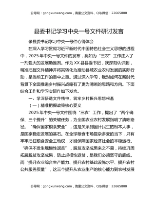 县委书记学习中央一号文件研讨发言