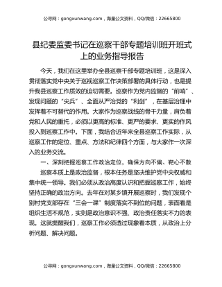 县纪委监委书记在巡察干部专题培训班开班式上的业务指导报告