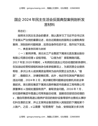 国企2024年民主生活会反面典型案例剖析发言材料