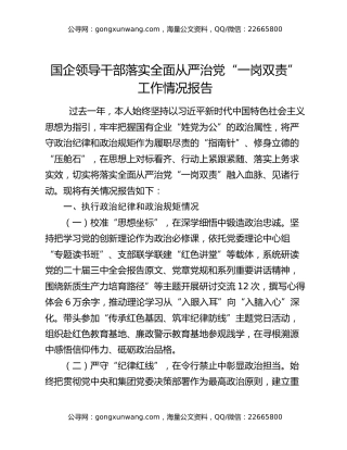 国企领导干部落实全面从严治党“一岗双责”工作情况报告