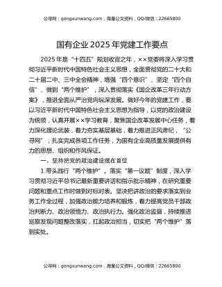 国有企业2025年党建工作要点