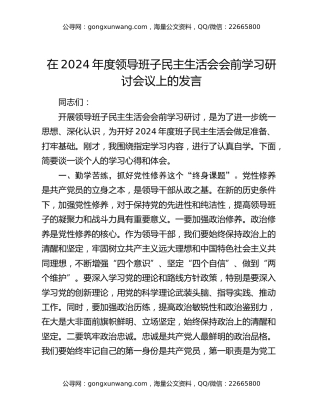 在2024年度领导班子民主生活会会前学习研讨会议上的发言