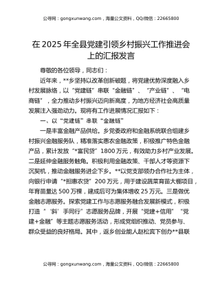 在2025年全县党建引领乡村振兴工作推进会上的汇报发言