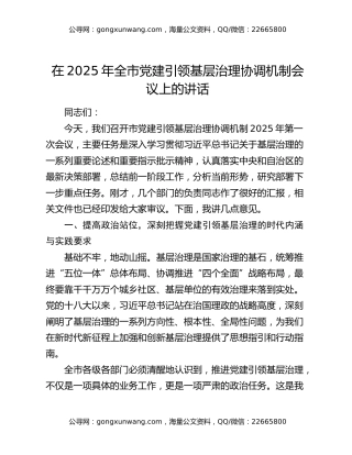 在2025年全市党建引领基层治理协调机制会议上的讲话