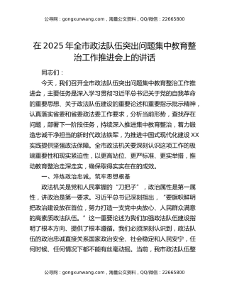 在2025年全市政法队伍突出问题集中教育整治工作推进会上的讲话