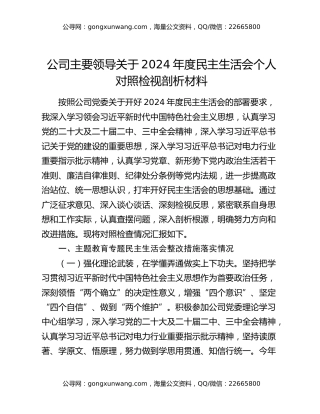 公司主要领导关于2024年度民主生活会个人对照检视剖析材料